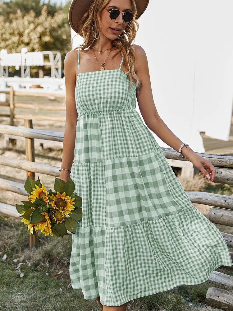 Plaid Splicing Long Dress Women Sumemr Vintage Sexy Backless Sling Dress Female Fashion Casual Vacation Beach Midi Sundress
Plaid Splicing Long Dress Women Sumemr Vintage Sexy Backless Sling Dress Female Fashion Casual Vacation Beach Midi Sundress