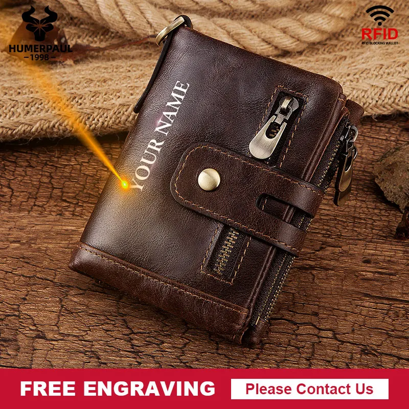 

Free Engraving Genuine Leather Men's Wallet Quality Purse RFID Blocking Card Holder Chain PORTFOLIO Portomonee Male Walet Pocket