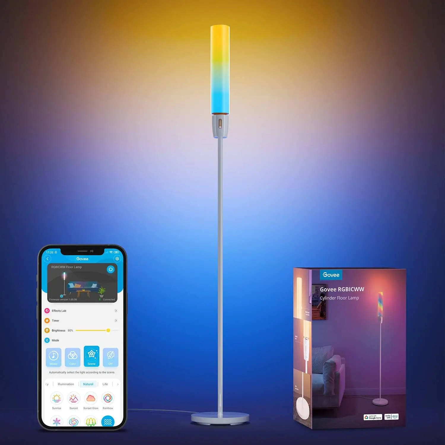 

Цилиндрическая Напольная Лампа, вертикальная Напольная Лампа с управлением через приложение Wi-Fi, умная лампа с 64 + сценами, DIY, музыкальная синхронизация, 1500 люмен Mod