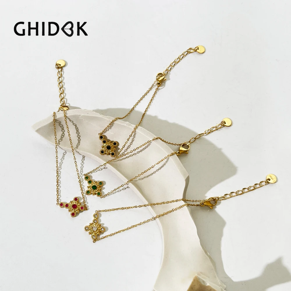 

GHIDBK Dainty Multicolor Pave Cz Zircon Cross Bracelet Lady Free Tarnish Stainless Steel Gold Plated Charm Bracelets Stacking