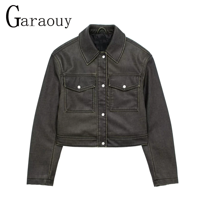 

Garaouy 2023 Spring Autumn Women's Fashion Lapel Faux Leather Jacket Female Simple Casual Single Breasted PU Pocket Coat Outwear