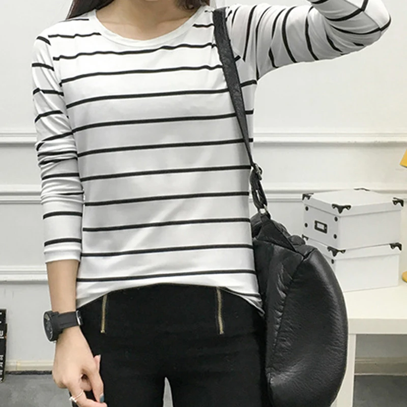 Womens Cotton T shirts Long Sleeve Spring And Summer O-Neck Striped Female T-Shirt Women White Black Casual Basic Classic Tops
Womens Cotton T shirts Long Sleeve Spring And Summer O-Neck Striped Female T-Shirt Women White Black Casual Basic Classic Tops