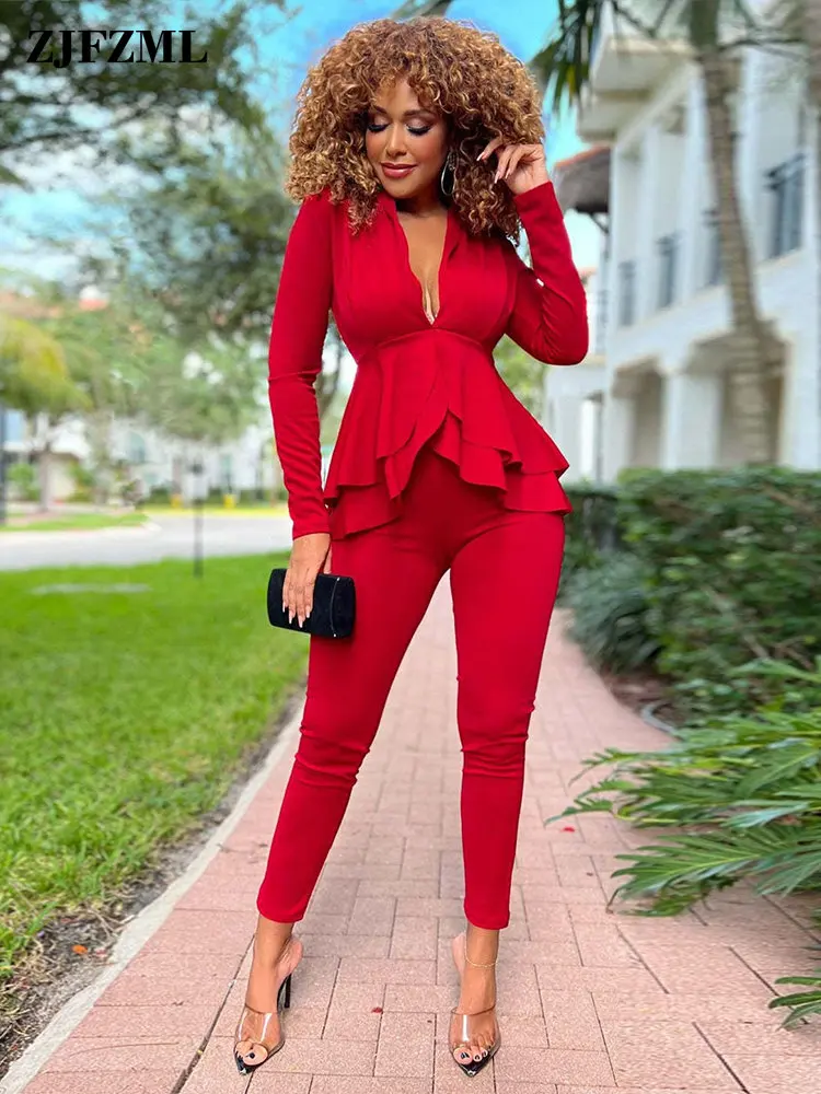 Chic Solid Two Piece Matching Sets for Women Deep V Neck Long Sleeve Ruffle Hem Tops + Slim Fit Pencil Leggings Black/red/green 
Chic Solid Two Piece Matching Sets for Women Deep V Neck Long Sleeve Ruffle Hem Tops + Slim Fit Pencil Leggings Black/red/green