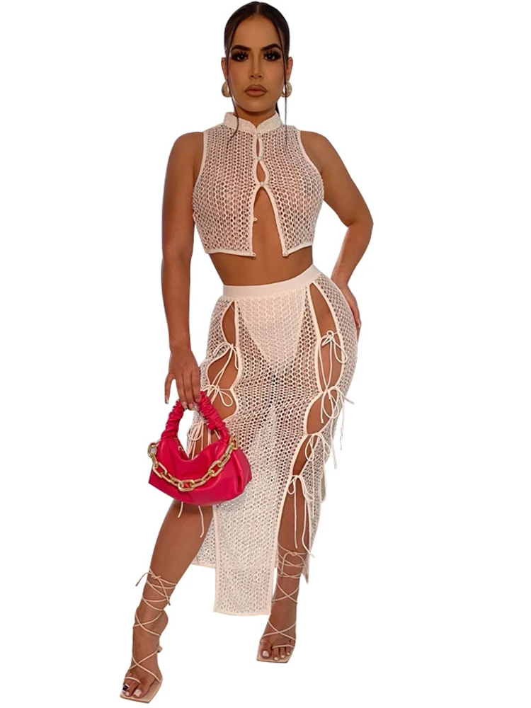 Женский комплект с юбкой в сеточку, короткий топ со шнуровкой, летний купальный костюм, новая однотонная пляжная одежда, сексуальная юбка, н... 
Женский комплект с юбкой в сеточку, короткий топ со шнуровкой, летний купальный костюм, новая однотонная пляжная одежда, сексуальная юбка, н...