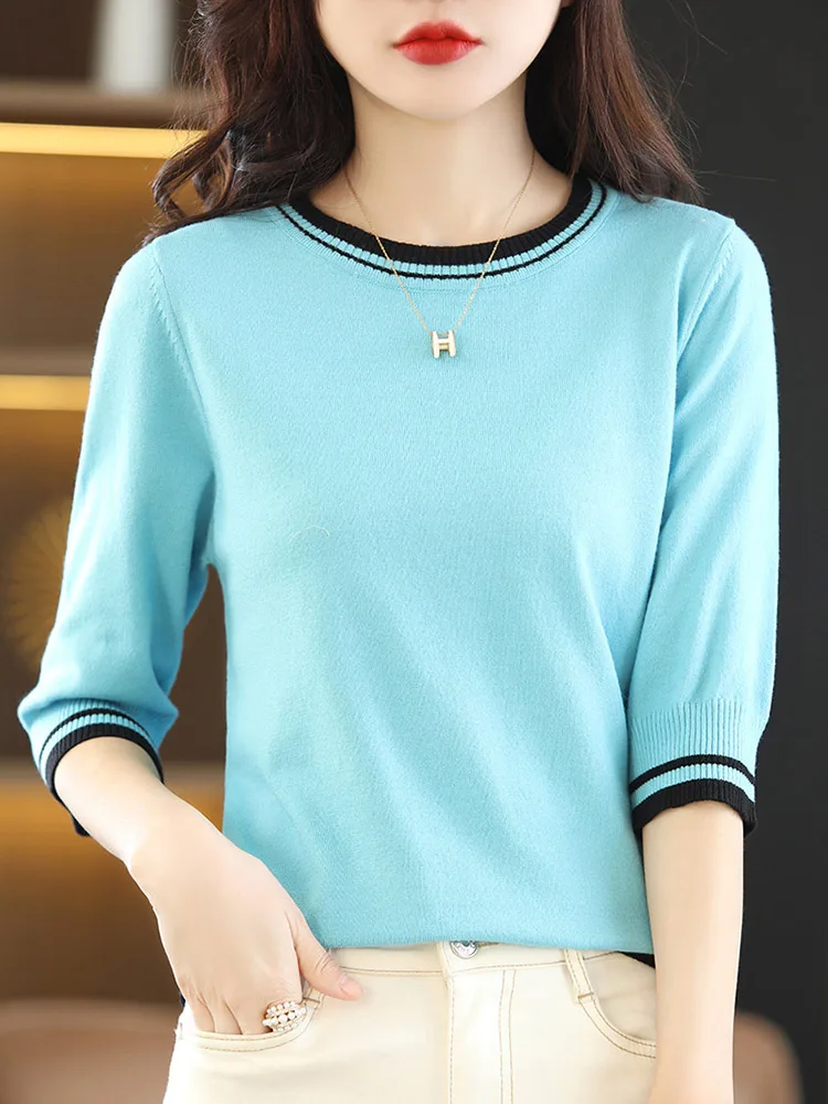 

Round Neck Five Quarter Sleeve Color Contrast Knit For Women In Spring And Summer New Loose Thin Medium Sleeve T-Shirt Bottoming