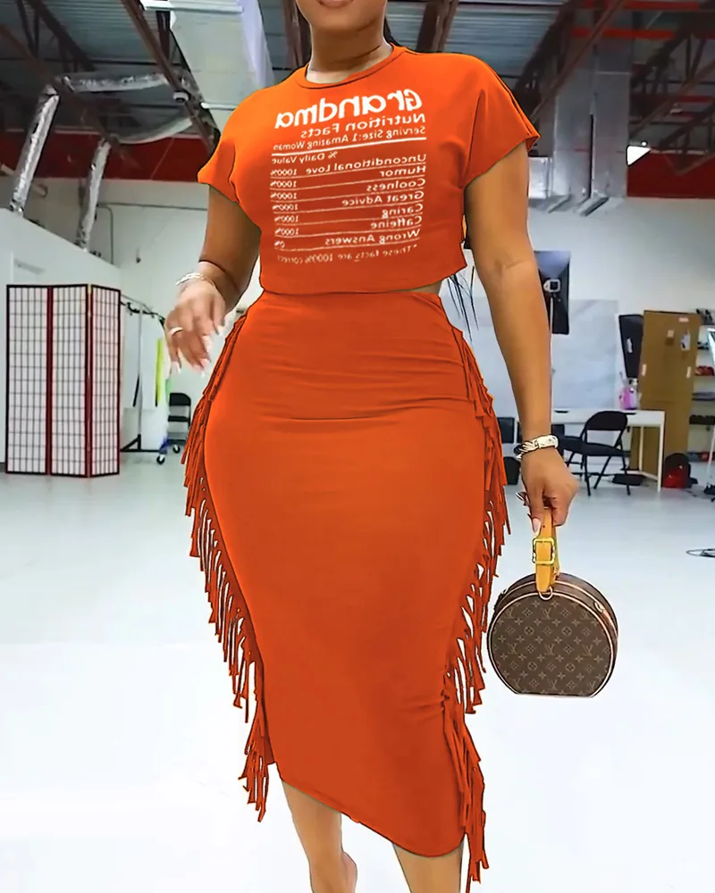 Grandma Letter Print Crop T-shirt & Tassel Design Skirt Set Women New Spring Summer Short Sleeve T Shirt Top Long Skirt 
Grandma Letter Print Crop T-shirt & Tassel Design Skirt Set Women New Spring Summer Short Sleeve T Shirt Top Long Skirt