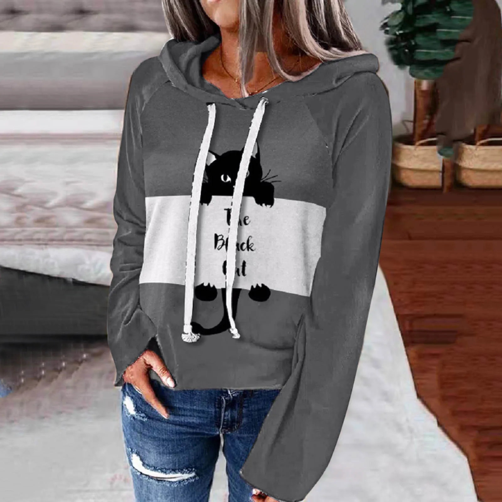 Loose Hoodie Sweater Raglan Women's Long Sleeve Cat Printed Sleeve Women's Hoodies & Women's Fitted Black Hoodie Green Sleeve 
Loose Hoodie Sweater Raglan Women's Long Sleeve Cat Printed Sleeve Women's Hoodies & Women's Fitted Black Hoodie Green Sleeve