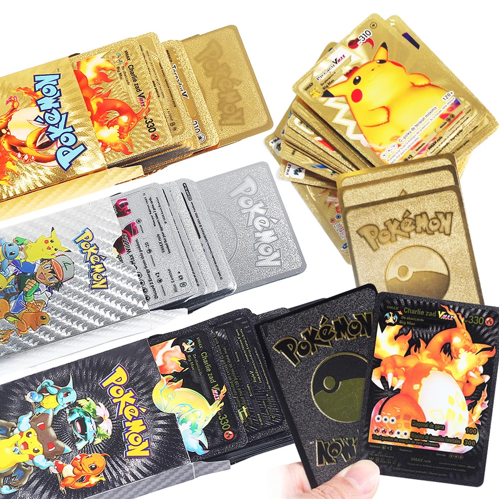 54pc English / France / Español Cartas Pokemon Metal Gold Card Box Golden Letters Playing Cards Metalicas Charizard Vmax Gx Toy 
54pc English / France / Español Cartas Pokemon Metal Gold Card Box Golden Letters Playing Cards Metalicas Charizard Vmax Gx Toy