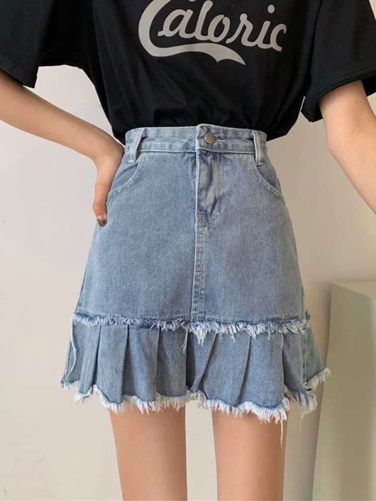 Summer New High Waist Oversized Blue Denim Skirts Female Pleated Tassel Large Size Ripped Frayed A-line Skirt
Summer New High Waist Oversized Blue Denim Skirts Female Pleated Tassel Large Size Ripped Frayed A-line Skirt