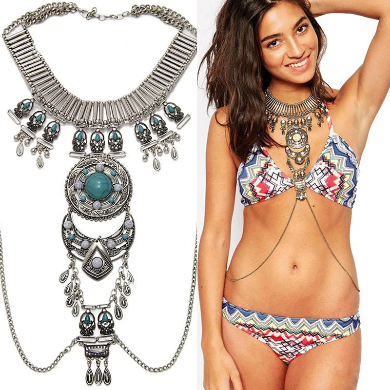 

Boho Statement Turquoise Necklace Dancer Necklace Crossover Harness Bikini Waist Belly Sexy Body Chains for Women