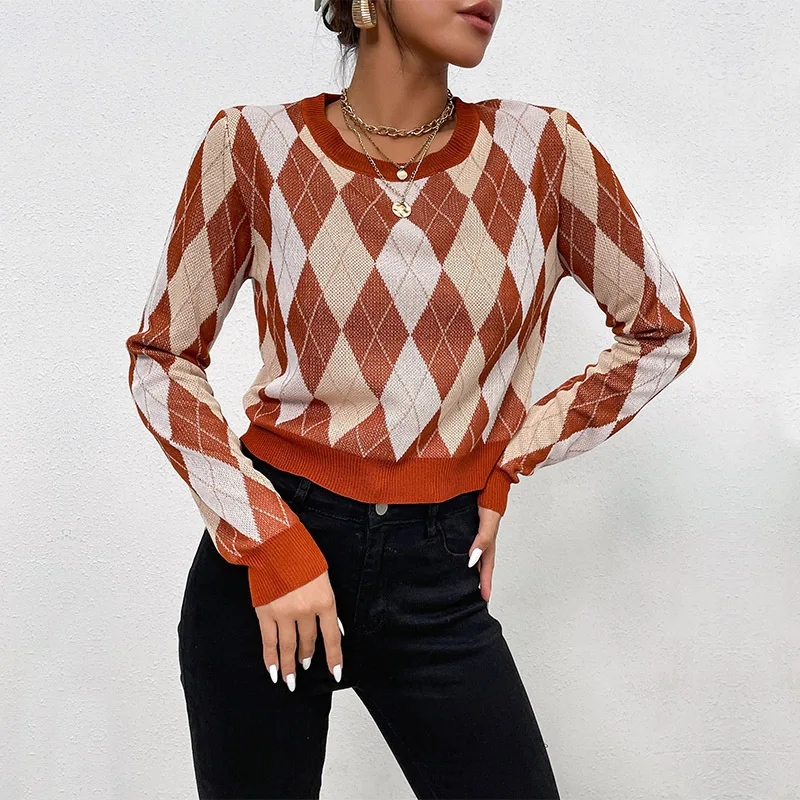 Women's Fashion Short Sweater Sexy Contrast Color Top Women's Diamond Checker Sweater Loose Pullover Knitted Sweater Pullover
Women's Fashion Short Sweater Sexy Contrast Color Top Women's Diamond Checker Sweater Loose Pullover Knitted Sweater Pullover