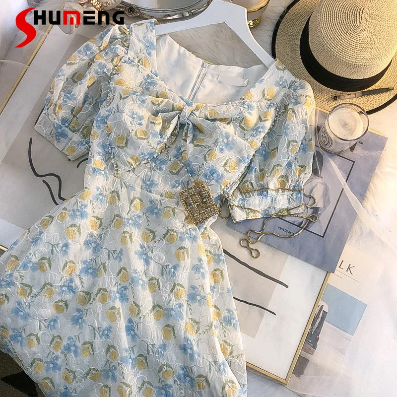 

French Gentle Bow Slim Waist Floral Above Knee Dress Women's 2022 Summer Puff Sleeve Western Style Fashion Fairy A- Line Dress
