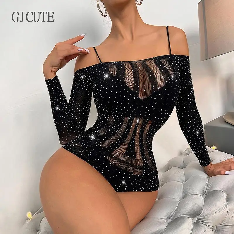 

Sexy Body Stocking Fishnet Bodysuit Long Sleeve Crystal Diamonds Rhinestone Dress Bodystocking Lingerie