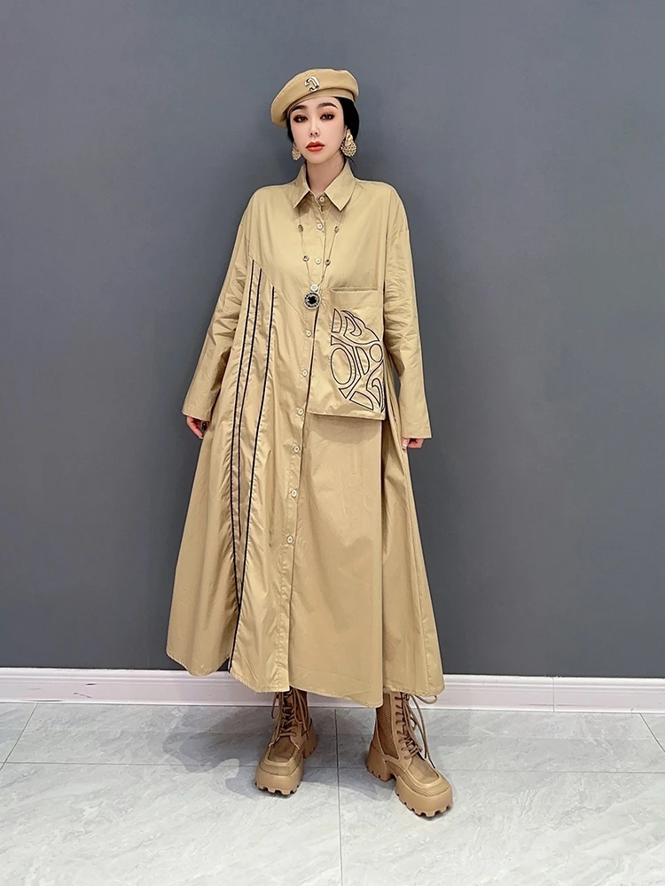 

SuperAen 2023 весеннее Новое корейское модное платье-рубашка оверсайз с отложным воротником на пуговицах женское Свободное длинное платье