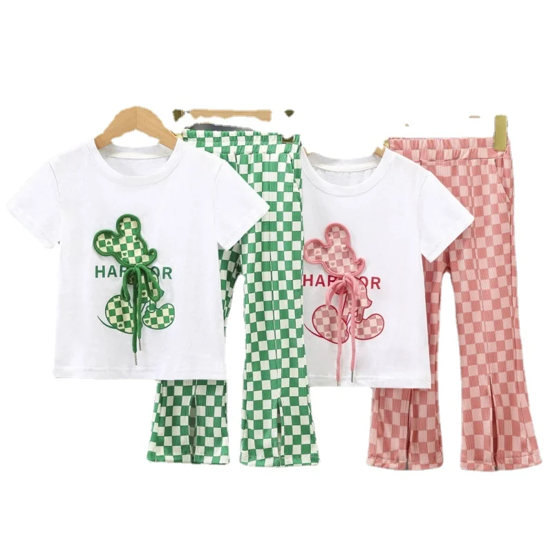 

Костюм для девочек с героями Диснея, Микки Маусом, летнее платье из двух предметов, хлопковая футболка с короткими рукавами в западном стиле...