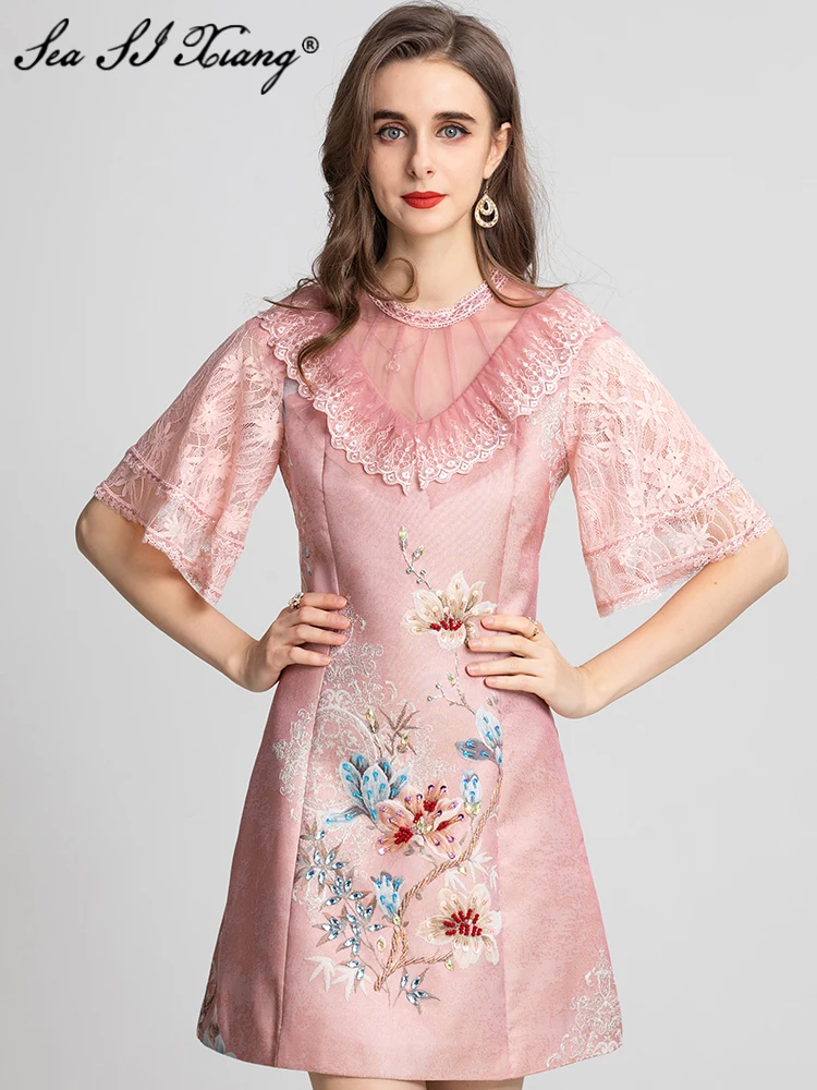 Seasixiang Fashion Designer Summer Jacquard Dress Women Stand Collar Flare Sleeve Luxury Beading Vintage Party Mini Dresses
Seasixiang Fashion Designer Summer Jacquard Dress Women Stand Collar Flare Sleeve Luxury Beading Vintage Party Mini Dresses