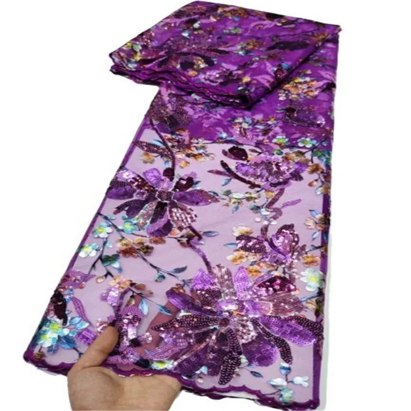 

Фиолетовая африканская кружевная ткань с блестками, Высококачественная французская Тюлевая кружевная ткань, нигерийский кружевной Материал 5 ярдов для свадебного платья