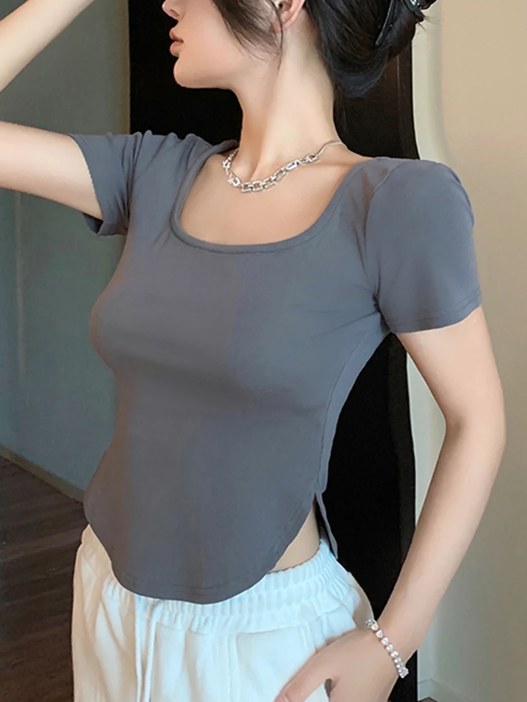 New Summer Women Cotton T Shirts Ladies Short Sleeve Split Hem Square Neck T-shirt Female Slim And Sexy Crop Tops Girls Clothing
New Summer Women Cotton T Shirts Ladies Short Sleeve Split Hem Square Neck T-shirt Female Slim And Sexy Crop Tops Girls Clothing