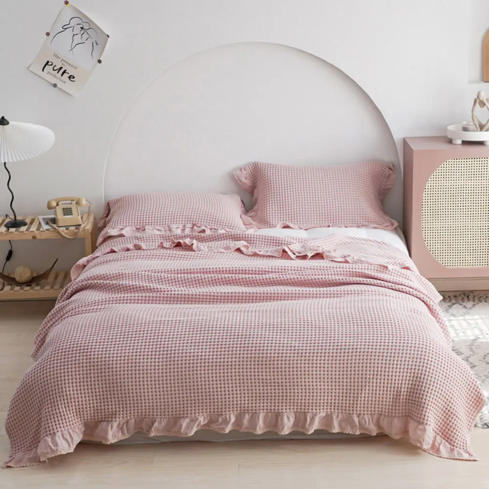 

Svetanya 3D Pink Nordic Knitted Winter Thick Quilted Thread Ruffles Blanket Throws Cotton Full Queen Sheets Bedspread