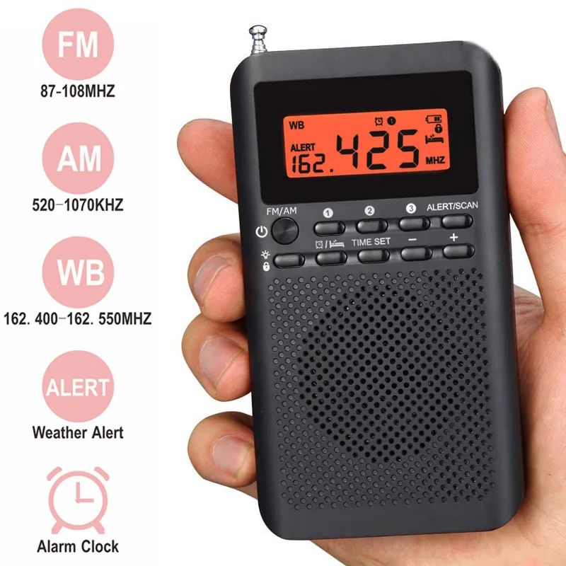 Portable FM/AM/WB Radio Mini NOAA Weather Radios Receiver with Stereo Earphone/Digital LCD Display/Sleep/Alarm Clock for Elder
Portable FM/AM/WB Radio Mini NOAA Weather Radios Receiver with Stereo Earphone/Digital LCD Display/Sleep/Alarm Clock for Elder