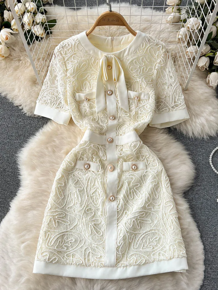 Vintage Bowknot Single Breasted Short Sleeve Mini Dress 2022 Summer High Quality Elegant Lace Dress For Women Vestidos
Vintage Bowknot Single Breasted Short Sleeve Mini Dress 2022 Summer High Quality Elegant Lace Dress For Women Vestidos