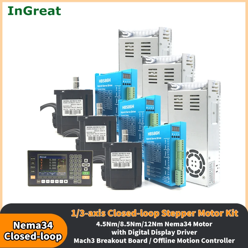 

1/3-axis Nema34 Closed-loop Stepper Motor Drive Power Supply Controller Kit 4.5/8.5/12Nm 6A 2Phase & Digital Display Drive Mach3