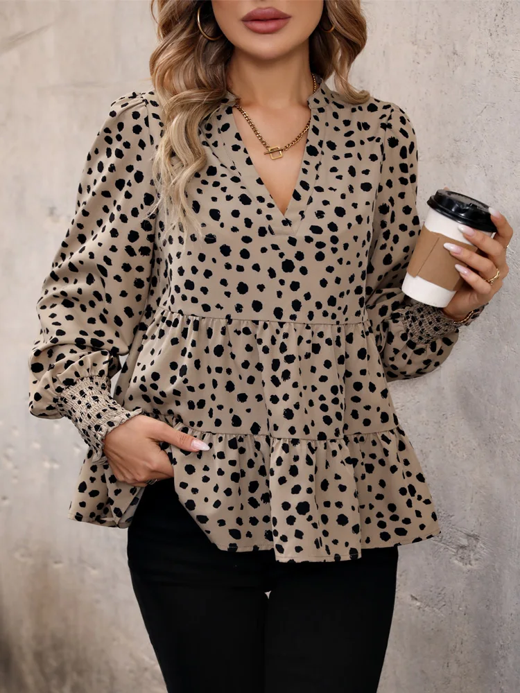 

Benuynffy Women Leopard Print Ruffle Hem Smocked Tops Fashion Fall V Neck Long Sleeve Loose Casual Babydoll Blouse Shirt 2023