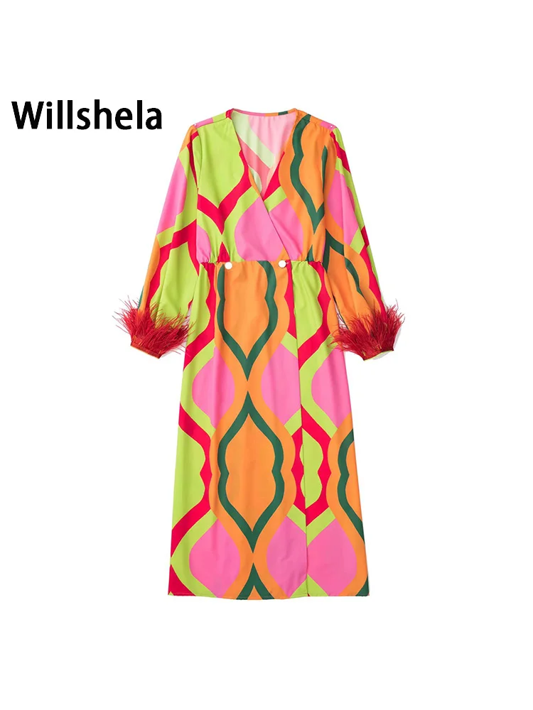 Willshela Women Fashion With Feathers Printed Front Slit Midi Dress Vintage V-Neck Long Sleeves Female Chic Lady Dresses
Willshela Women Fashion With Feathers Printed Front Slit Midi Dress Vintage V-Neck Long Sleeves Female Chic Lady Dresses