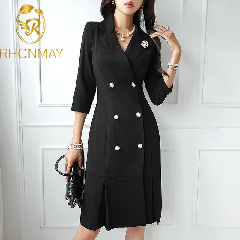 Женское офисное двубортное платье-блейзер, облегающее деловое платье с отложным воротником и рукавом три четверти, осень 2022 
Женское офисное двубортное платье-блейзер, облегающее деловое платье с отложным воротником и рукавом три четверти, осень 2022