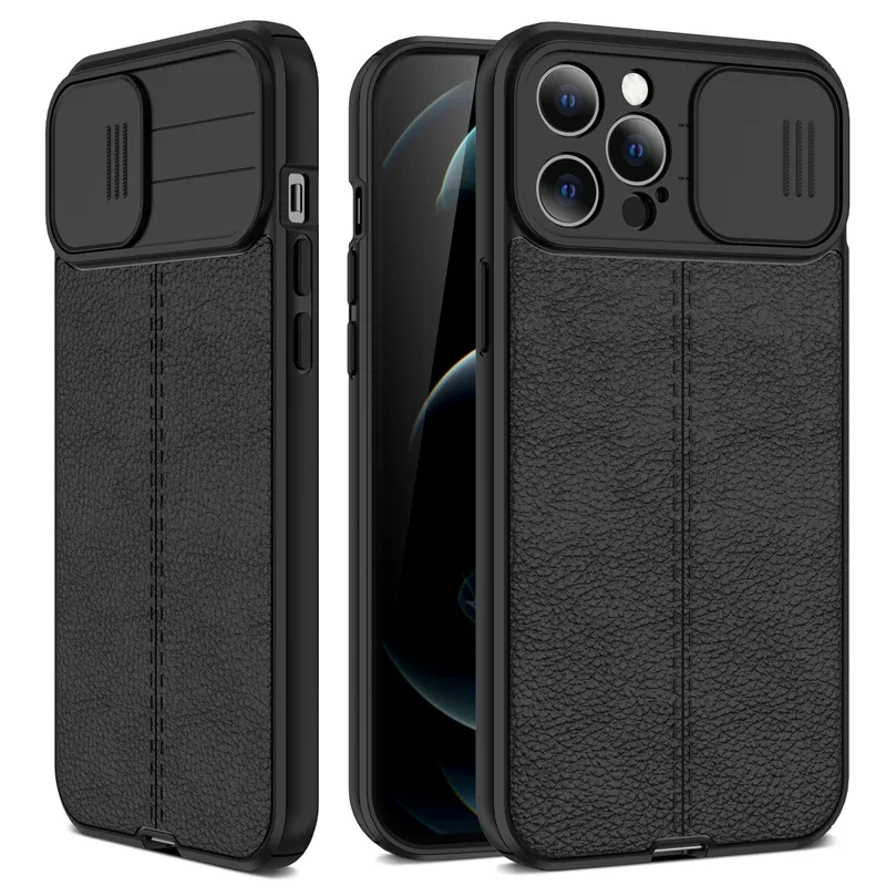 

Slider Camera Lens Protection Phone Case For iPhone 14 13 12 11 Pro Max XR XS X 7 8 Plus Luxury Leather Texture Soft Back Cover