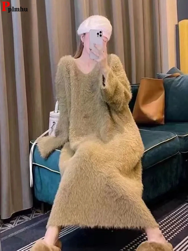 Свитер женский длинный из искусственной норки, мягкий свободный однотонный трикотажный пуловер с V-образным вырезом, элегантная базовая одежда в Корейском стиле, весна
Свитер женский длинный из искусственной норки, мягкий свободный однотонный трикотажный пуловер с V-образным вырезом, элегантная базовая одежда в Корейском стиле, весна