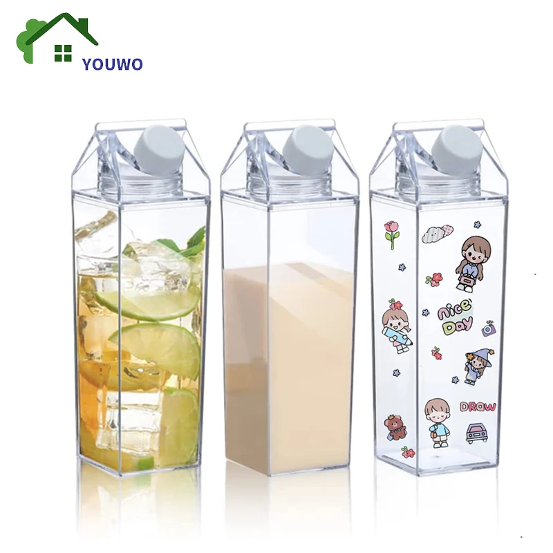 

0.5/1L Clear Square Milk Carton Water Bottle With Stickers Plastic Portable Milk Coffee Juice Bottles With Lid Outdoor Tour