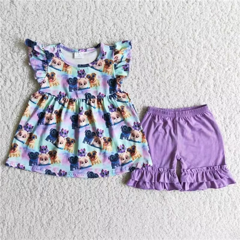 summer baby girl clothing set flutter sleeve cartoon dog top and purple ruffle shorts outfit children clothing set kids clothes 
summer baby girl clothing set flutter sleeve cartoon dog top and purple ruffle shorts outfit children clothing set kids clothes