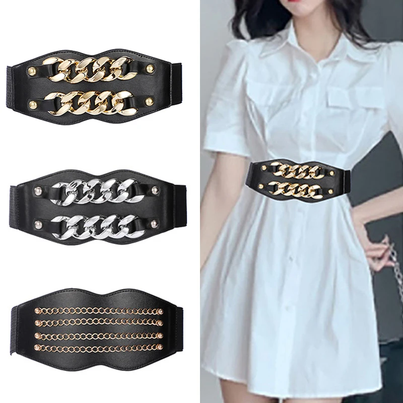 Elegant Elastic Wide Women Belt Gold Chain Waist Strap Woman Belts Shirt Dress Decorative Waistband Metal Stretch Cummerbunds
Elegant Elastic Wide Women Belt Gold Chain Waist Strap Woman Belts Shirt Dress Decorative Waistband Metal Stretch Cummerbunds