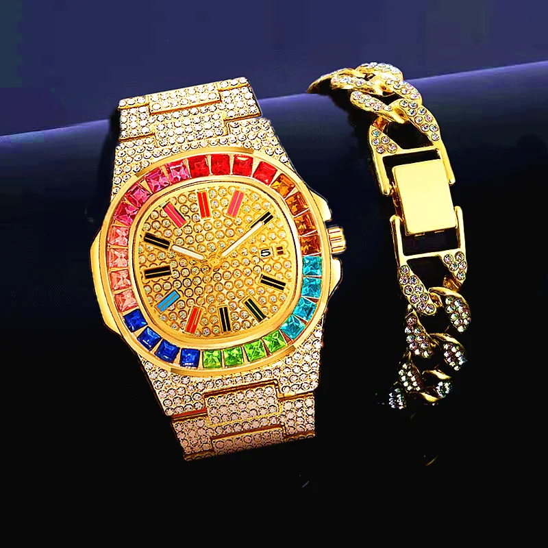 Fashion Bracelet + Watches for Men Women Luxury Binged Iced Out Watch Men Gold Cuban Chain Watch Mens Gift Set Relogio Masculino
Fashion Bracelet + Watches for Men Women Luxury Binged Iced Out Watch Men Gold Cuban Chain Watch Mens Gift Set Relogio Masculino