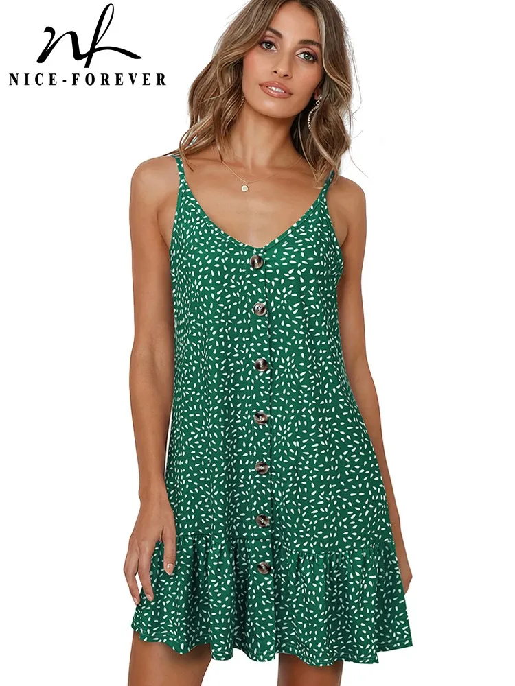 

Женское летнее платье Nice-forever, повседневное свободное мини-платье в горошек с низким вырезом, A276