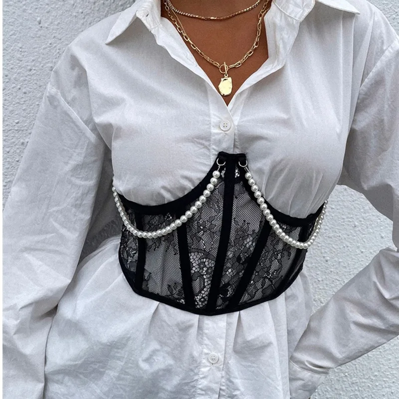 Women Bustiers Waist Trainer Corset Lace Pearl Chains Cincher Shaper Tops with Chest Support for Girls Streetwear
Women Bustiers Waist Trainer Corset Lace Pearl Chains Cincher Shaper Tops with Chest Support for Girls Streetwear