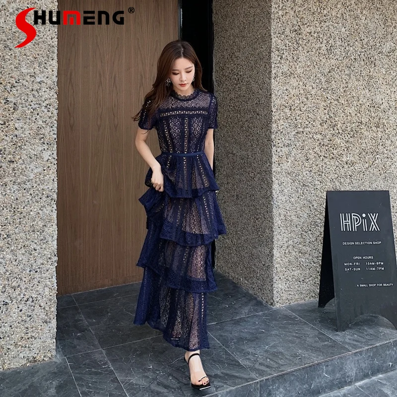 Tiered-Ruffle Long Dress Women's 2022 New Spring Maxi Dress British Style Exquisite Lace Navy Blue Short Sleeve Evening Dress 
Tiered-Ruffle Long Dress Women's 2022 New Spring Maxi Dress British Style Exquisite Lace Navy Blue Short Sleeve Evening Dress