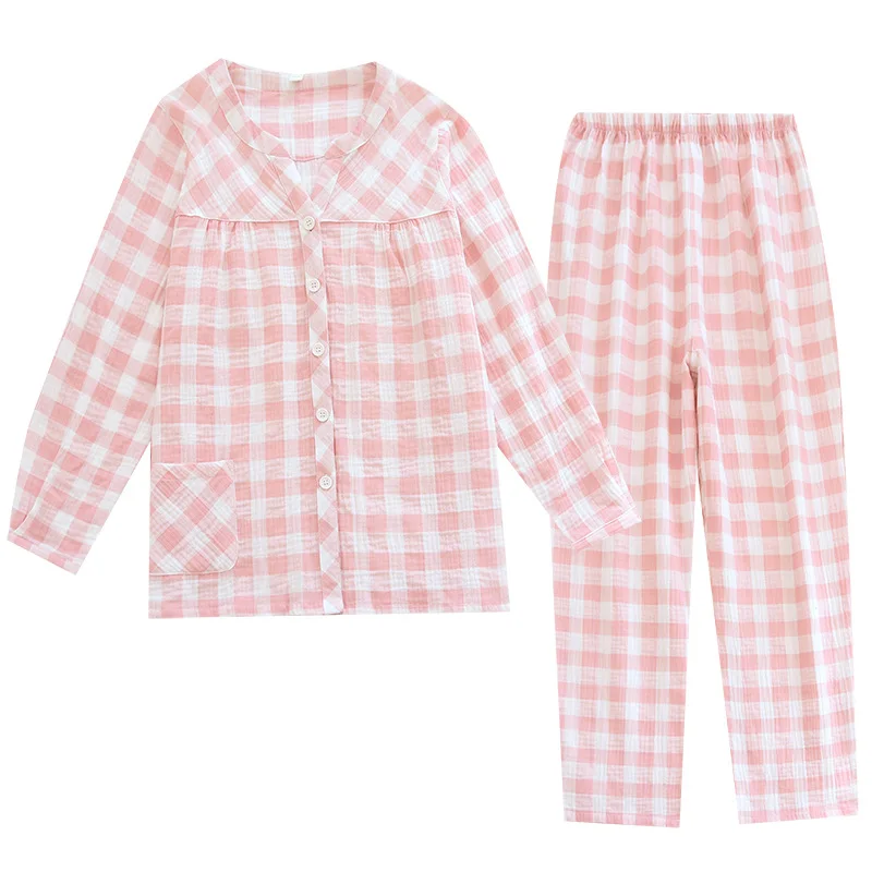 New Ladies Double-layer Gauze Pajamas Ladies V-neck Long-sleeved Trousers Plaid Pajama Set Soft and Sweat-absorbent Homewear 
New Ladies Double-layer Gauze Pajamas Ladies V-neck Long-sleeved Trousers Plaid Pajama Set Soft and Sweat-absorbent Homewear