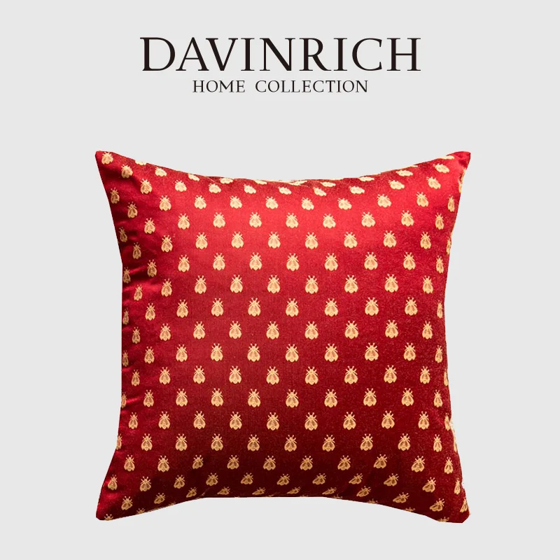 

DAVINRICH Italian Silky Retro Red Throw Pillow Cover Toss Luxury Insect Bees Jacquard Cushion Case Mid Centure Modern Home Decor