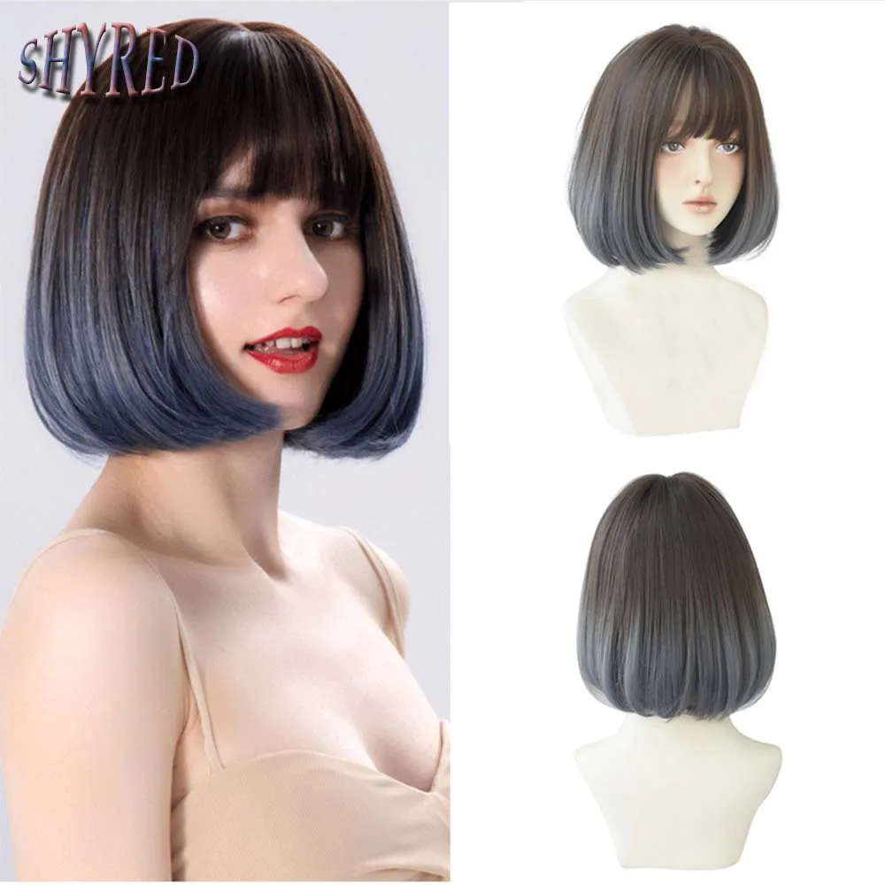 

30CM Ombre Short Bob Synthetic Wigs Gradual Haze Blue With Bangs Body For Women Cosplay Lolita Wig Natural Heat Resistant Hair