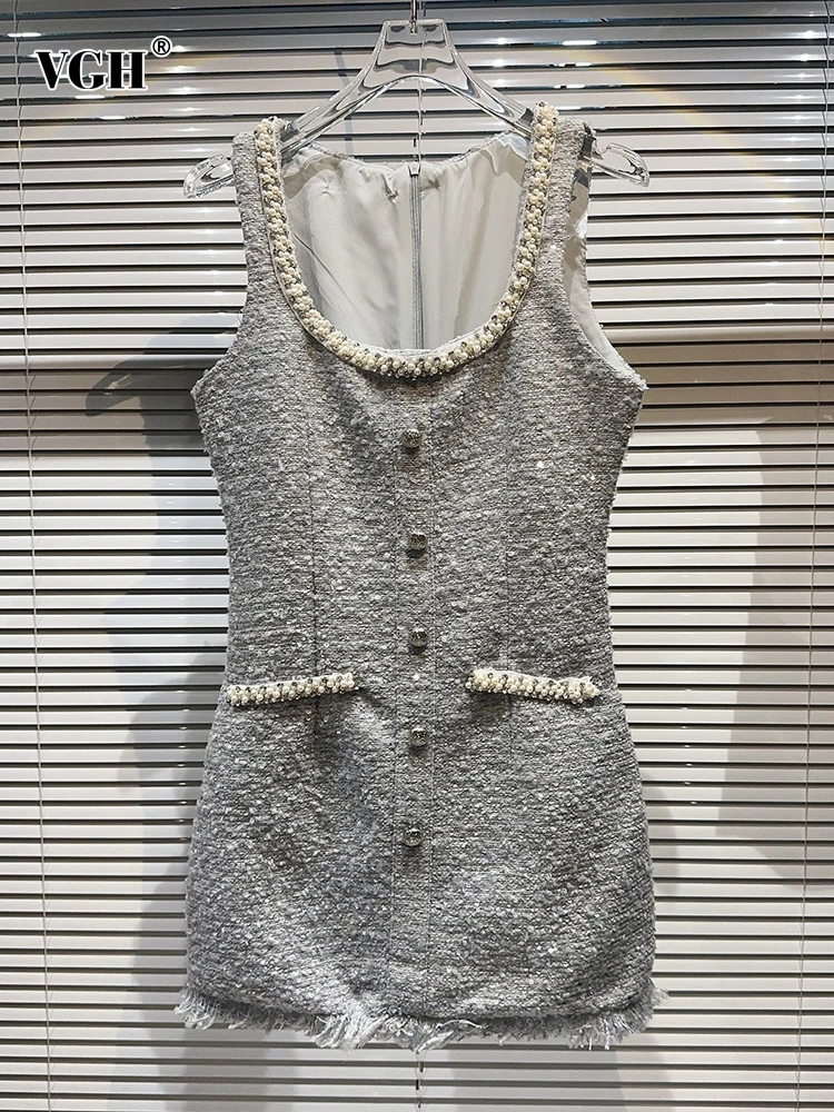 VGH Solid Patchwork Pearls Dress For Women Round Neck Sleeveless High Waist Raw Hem A Line Temperament Dresses Female Fashion
VGH Solid Patchwork Pearls Dress For Women Round Neck Sleeveless High Waist Raw Hem A Line Temperament Dresses Female Fashion