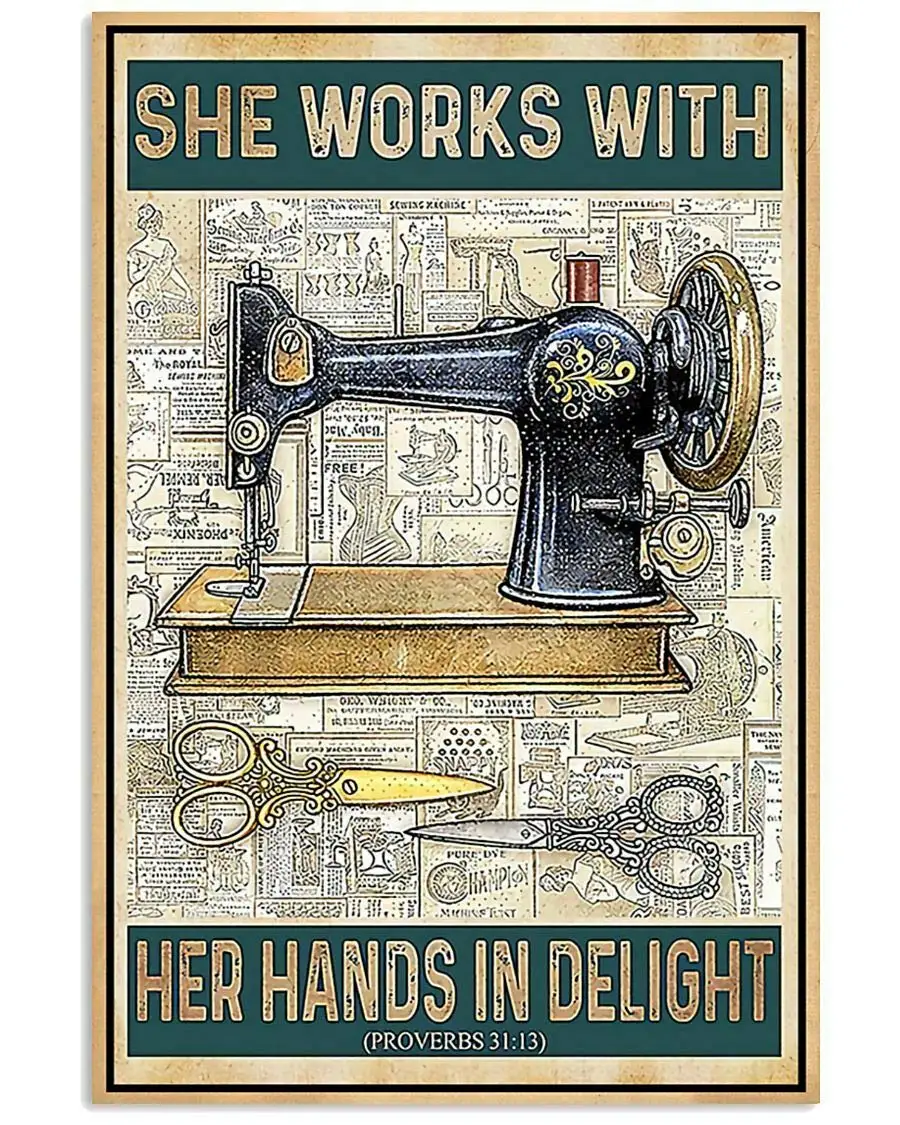 Sewing She Works with Her Hands in Delights Portrait Poster Vintage Style Metal Wall Plaque Wall Decoration Metal Sign 8x12 inch
Sewing She Works with Her Hands in Delights Portrait Poster Vintage Style Metal Wall Plaque Wall Decoration Metal Sign 8x12 inch