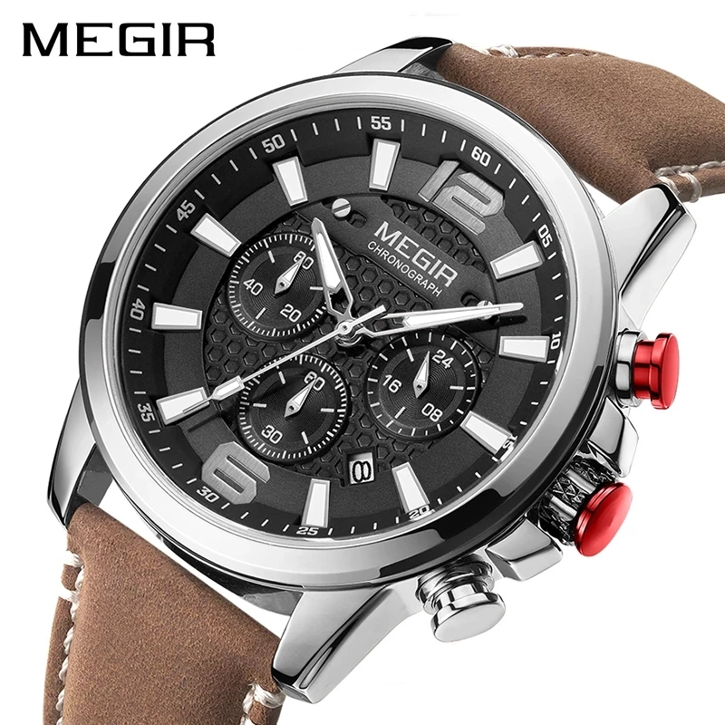 

MEGIR männer Quarz Armbanduhr Mann mit Lederband Chronograph Sport herren Uhren Uhr Wasserdicht Männer Quarz Armbanduhren