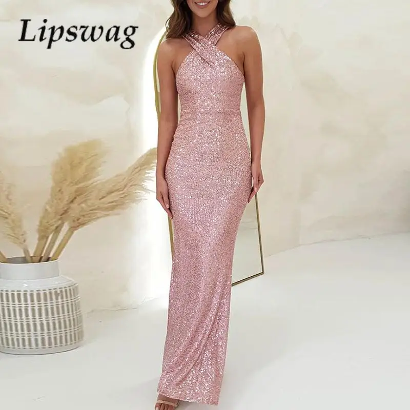 

Fashion Sparkling Sleeveless Evening Dress Elegant Solid Color Off-Shoulder Party Dress Ladies Sexy Halter Slim Fishtail Dress