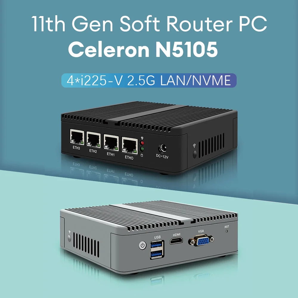 

New 11th Gen Celeron N5105 Fanless OPNsense Soft Router 4*LAN 2.5G i225 2*DDR4 Firewall Appliance pfSense ESXI Mini PC