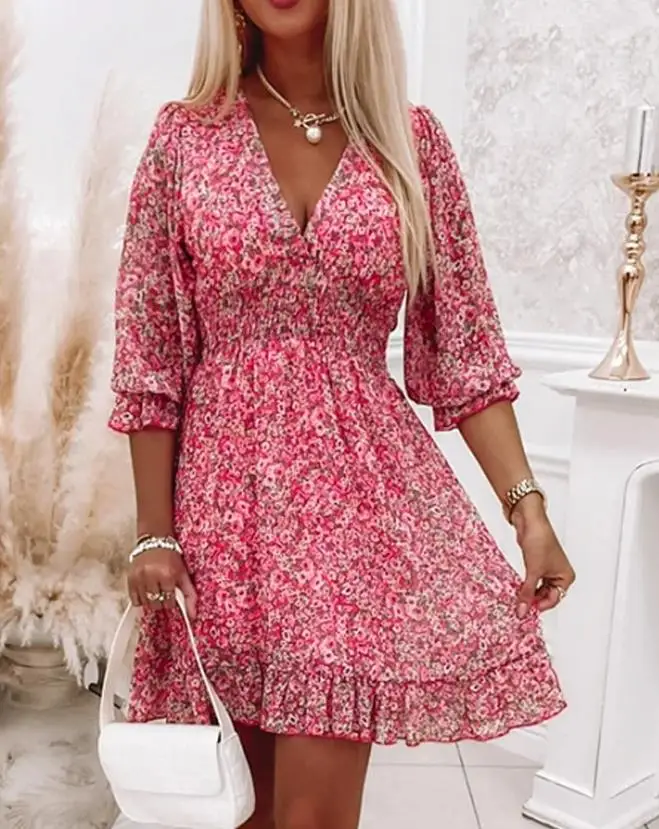

Women's Sweet Ruffle Hem Dress New 2023 Summer Puff Sleeve Pink Ditsy Floral Print Casual Mini Vacation A Line Shirred Dresses