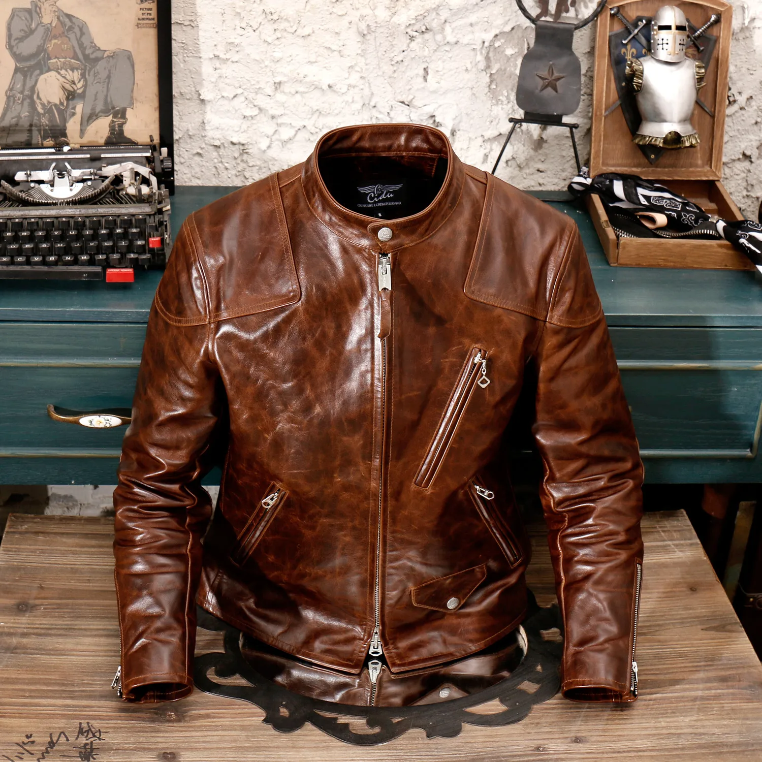 Tailor Brando J-16 Super Top Quality Italian Tuscan Oil Wax Leather American Retro Stand Collar Biker Men's Venom Jacket
Tailor Brando J-16 Super Top Quality Italian Tuscan Oil Wax Leather American Retro Stand Collar Biker Men's Venom Jacket