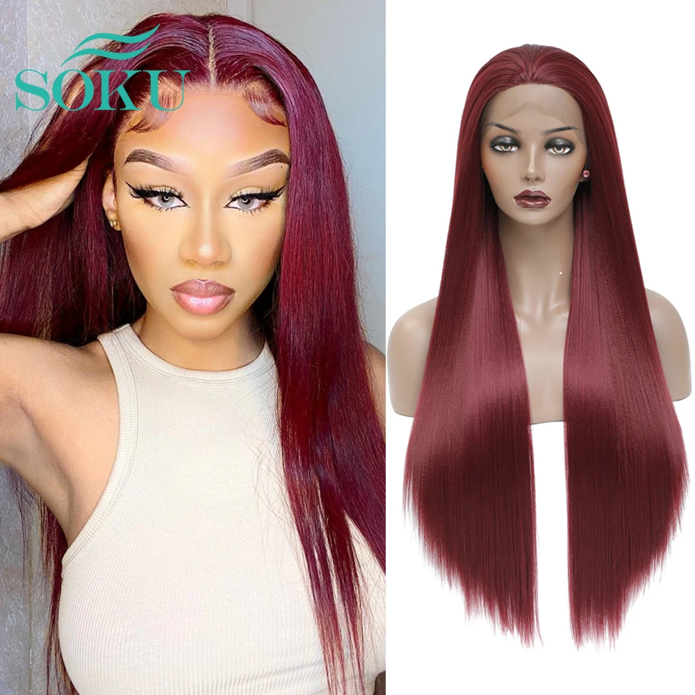 Burgundy 3X13 Lace Front Synthetic Wig Free Part Wigs For Black Women Long Straight Hair 150% Density Transparent Lace Wig SOKU 
Burgundy 3X13 Lace Front Synthetic Wig Free Part Wigs For Black Women Long Straight Hair 150% Density Transparent Lace Wig SOKU