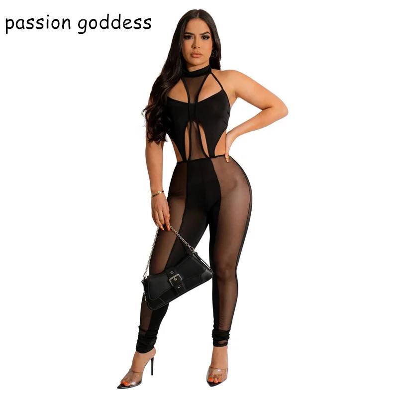 

Сексуальный женский черный облегающий сетчатый комбинезон в стиле пэчворк с вырезом, прозрачный комбинезон с лямкой на шее и открытой спиной на шнуровке для ночного клуба, комбинезоны 2023